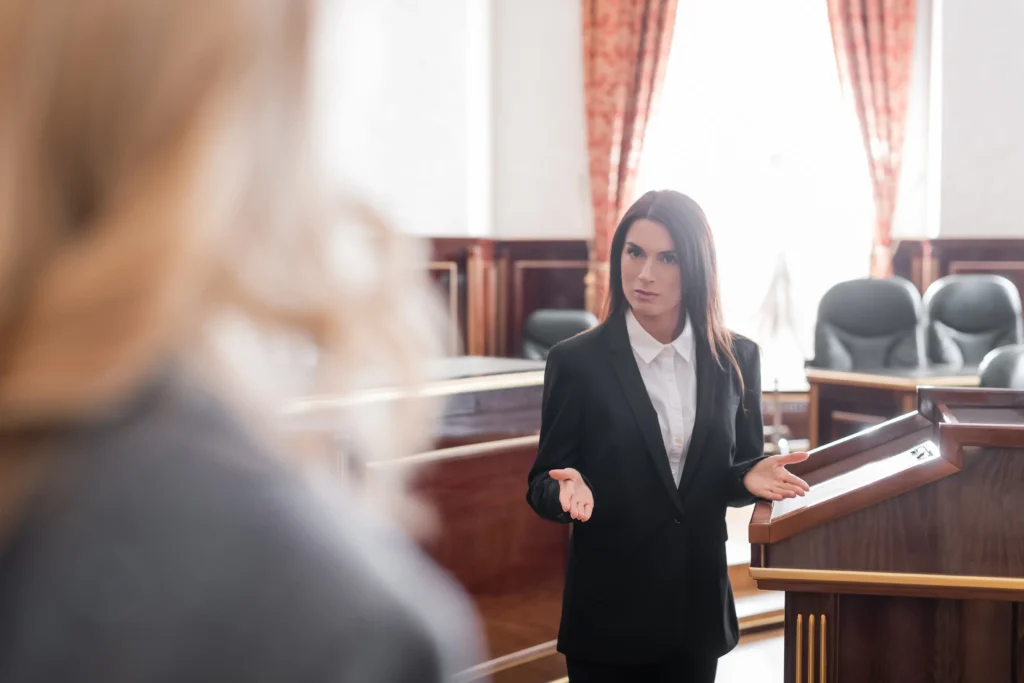 Lawyer presenting in a court room.