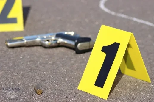 Evidence markers and a gun on the ground.