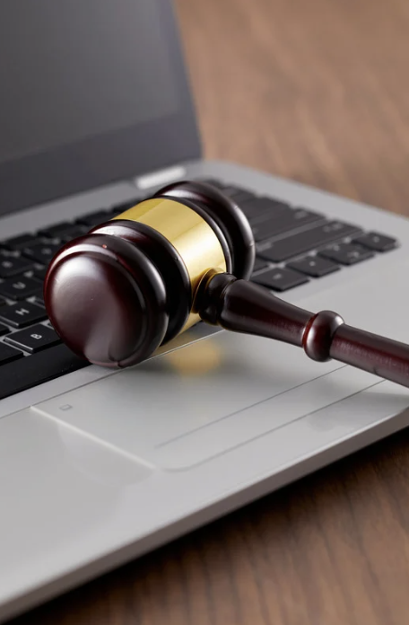 Gavel over laptop.