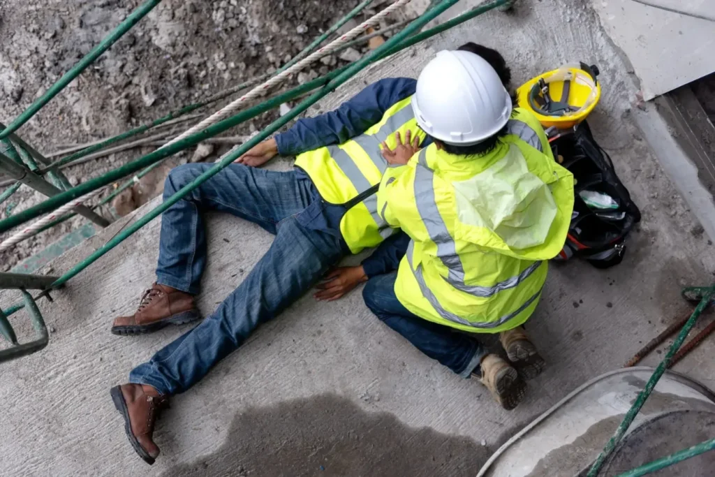 Construction worker providing aid to an injured coworker on a job site, representing situations handled by an Austin workplace injury lawyer.